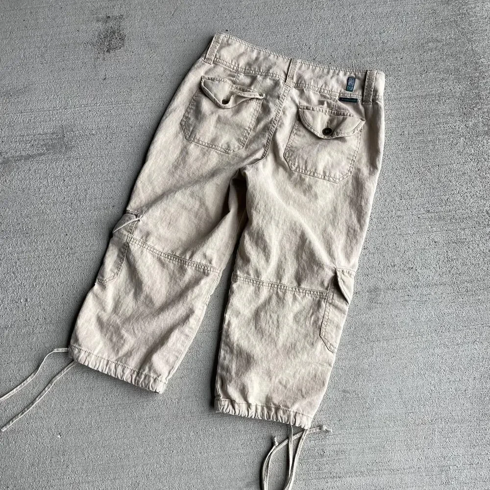 y2k vintage 2000's tan linen cotton midrise loose cargo cropped capri pants 6 - Picture 5 of 7